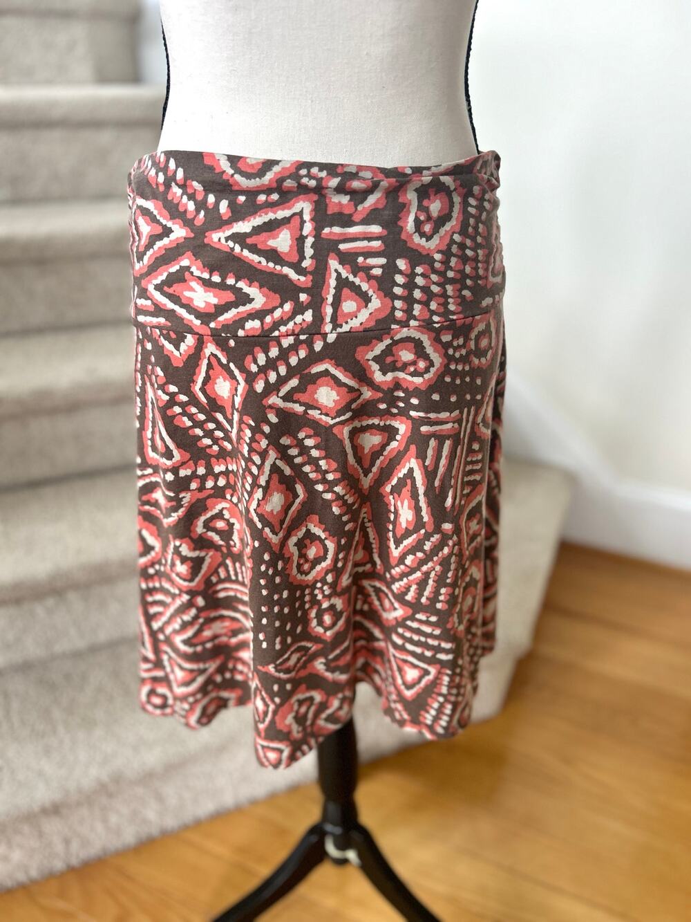 Toad&Co Chaka Brown Tan & Coral Pink Tribal Print Pull On Skirt